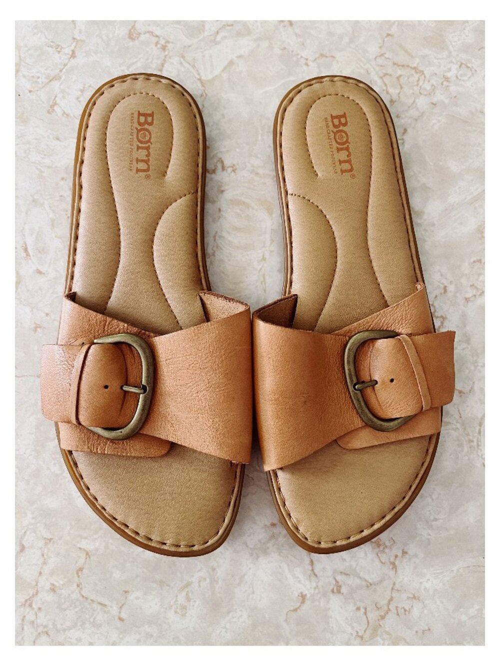 Born Miarra Sz 9M Natural Tan Leather Big Buckle Slides Sandals